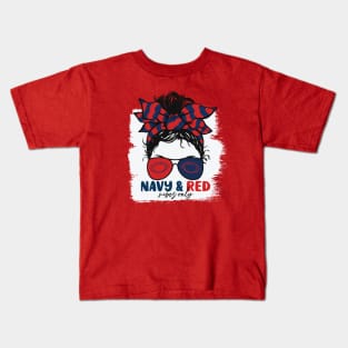 Navy and Red Vibes Only Football Mom Messy Hair Gameday Kids T-Shirt